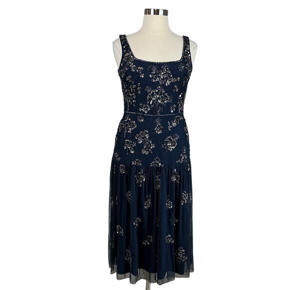 Aidan Mattox Women's Cocktail Dress Size 14 Blue Beaded Sleeveless A-Line Midi - Picture 1 of 13